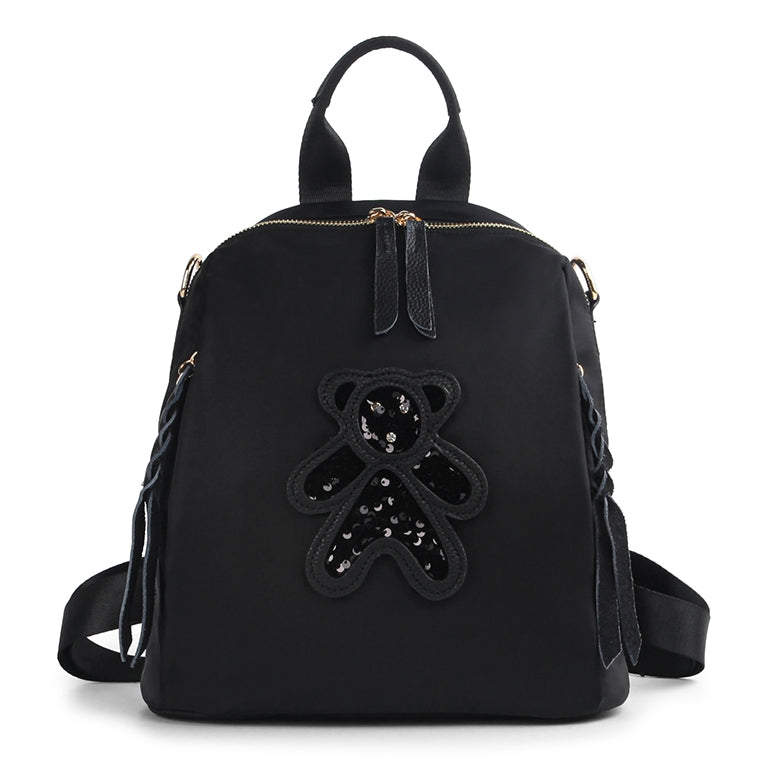 Black Spangle Teddy Bear Faux Leather Nylon Combi Backpacks Womens