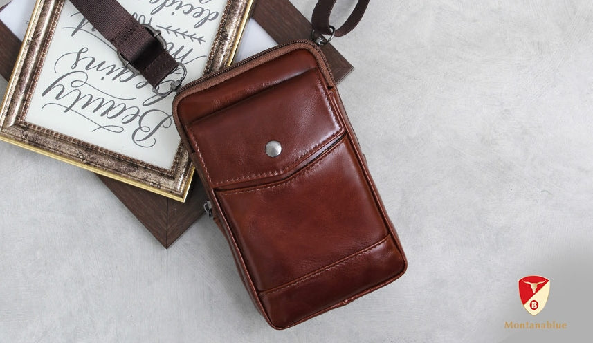 Brown Mini Genuine Cowhide Leather Crossbody Waist Fanny Packs