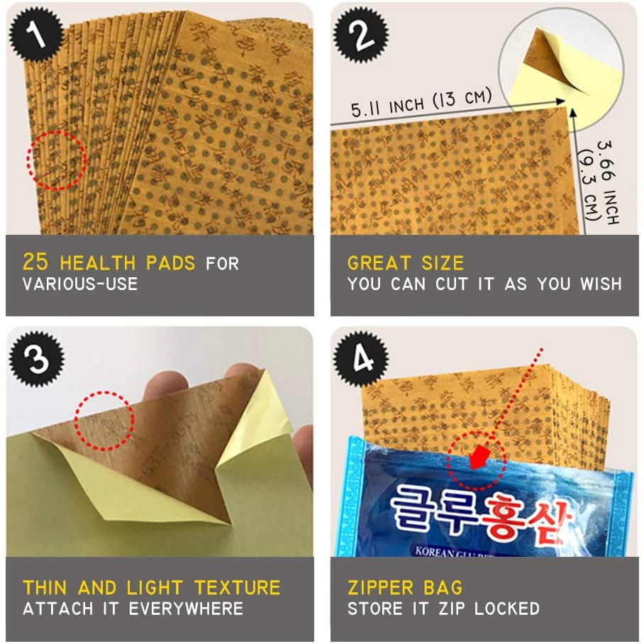 Korean Glu Red Ginseng Pain Relief Patches Saponin Plaster Pads 25 sheets x 4 Packs (100EA) Health Supplements attached joints discomfort
