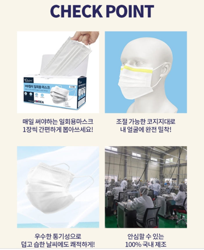 ELUJAI Triple Disposable Mask 50pcs Made in Korea Multi Filter Disposable Face Mask White Color Block Fine Dust