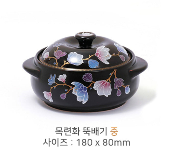 KUC Magnolia Flower Ceramic Geranium Heatproof Ttukbaegi Stew Pot Kitchen Food Cooking Utensil Gas Korea Gifts Oven Floral Black