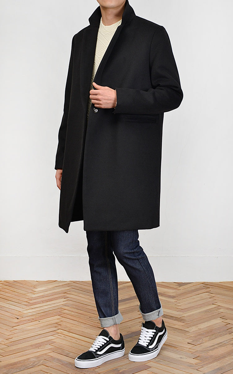 Black Hidden Button Double Breasted Long Coats Mens Winter Plain Basic