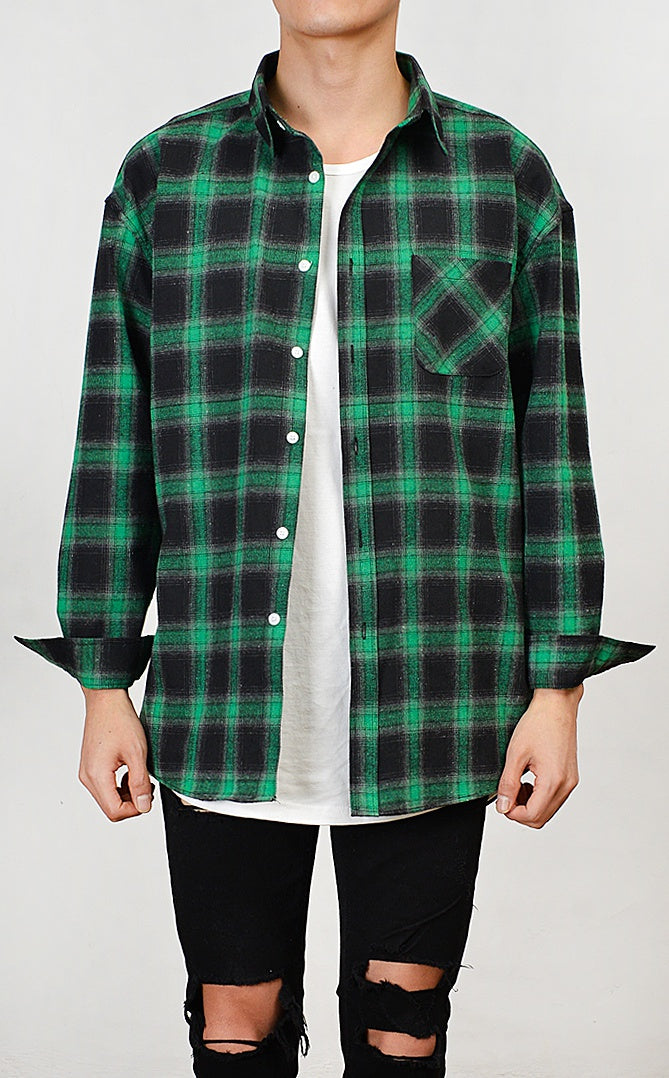 Green Brushed Tartan Checkered Plaids Long Sleeved Casual Shirts Mens