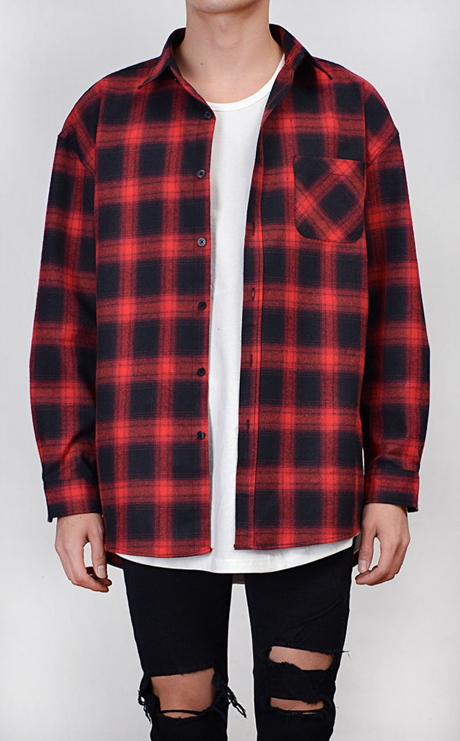 Red Brushed Tartan Checkered Plaids Long Sleeved Casual Shirts For Men