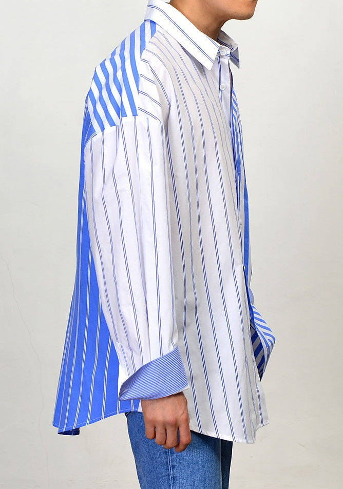 Blue Multi Vertical Striped Long Sleeved Casual Shirts Mens Buttoned
