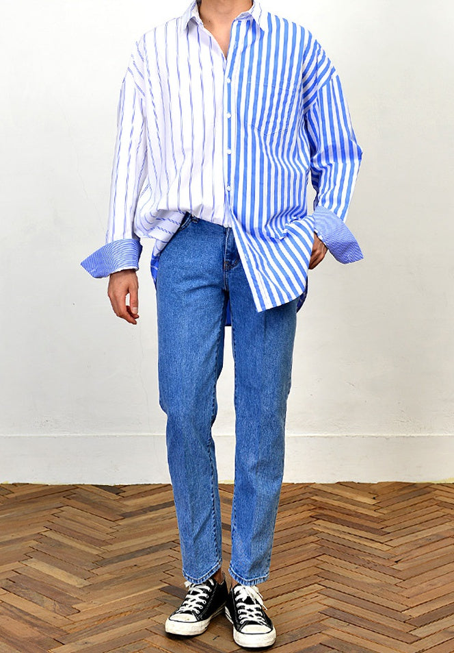 Blue Multi Vertical Striped Long Sleeved Casual Shirts Mens Buttoned