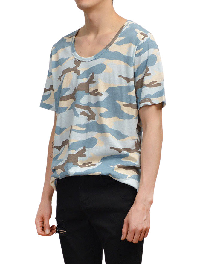 Blue Camouflage Short Sleeve Tshirts Mens Military Tees Scoop Neck Top