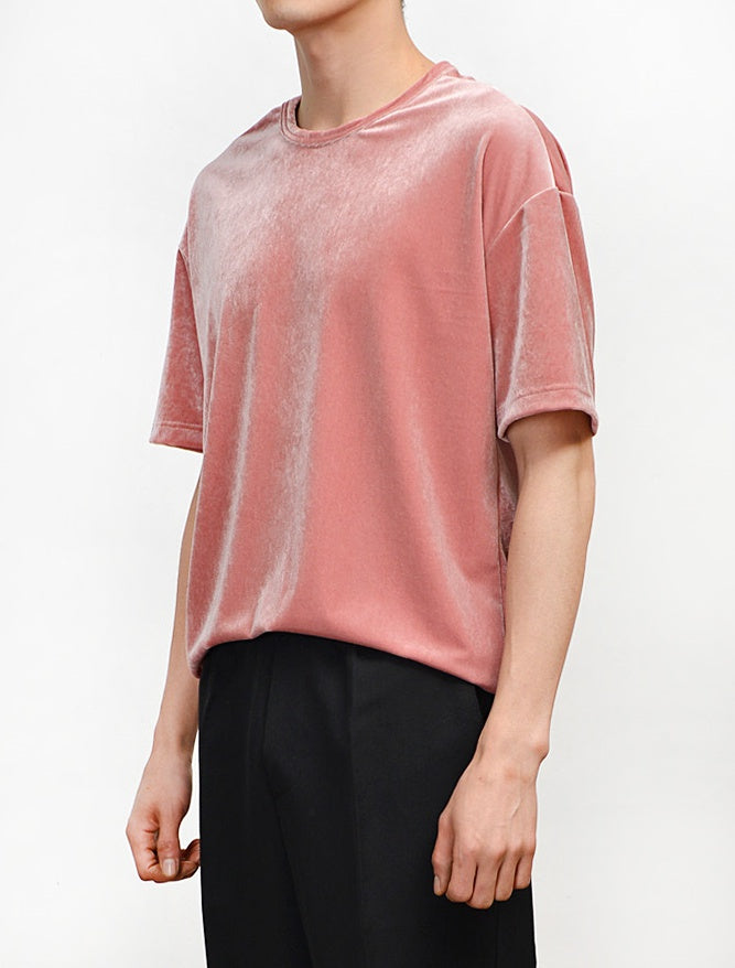 Salmon Pink Velvet Short Sleeved T-Shirts Mens Loose Fit Velour Tees