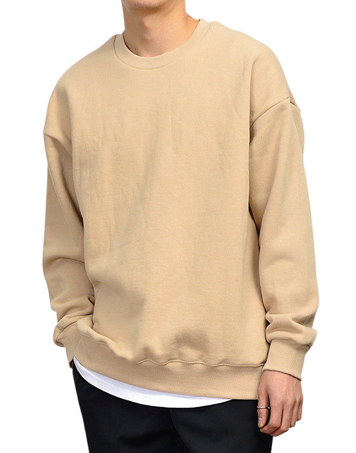 Solid Plain Casual Long Sleeved Sweatshirts Mens Crewneck Tops Napping Heavy Loose Fit Made in Korean Fashion Kpop Style