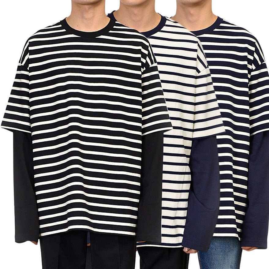 Casual Layered Style Striped Long Sleeved Tshirts Mens Tees Crewneck Tops 100% Cotton Made in Korean
