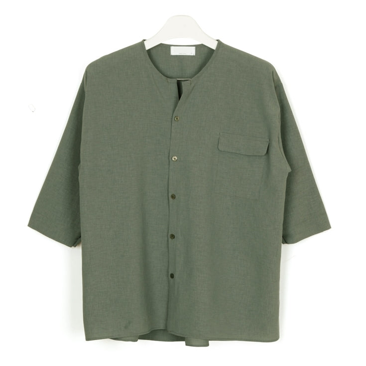 Khaki Non Collar Casual Shirts Mens Tops Summer 3/4 Sleeves Clothing