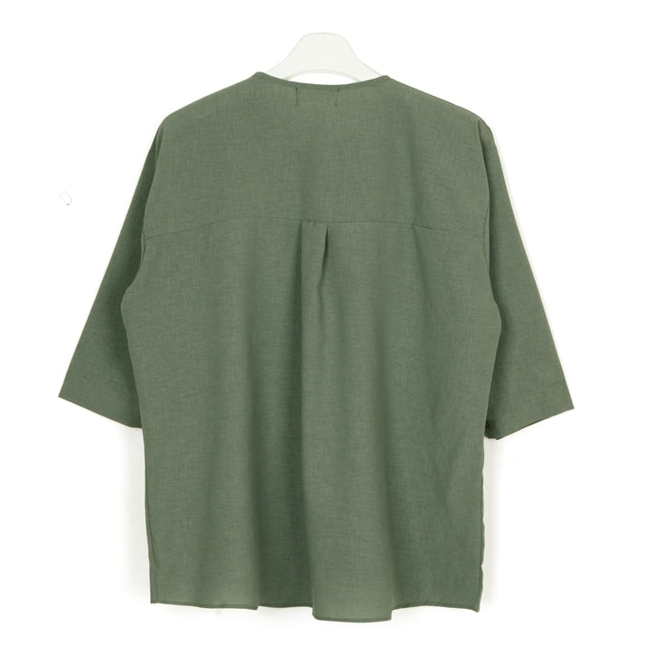 Khaki Non Collar Casual Shirts Mens Tops Summer 3/4 Sleeves Clothing