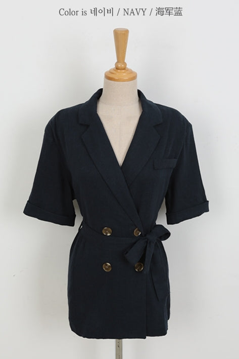 Navy Blue Short Sleeved Linen Jackets Korean Womens Best Fashion