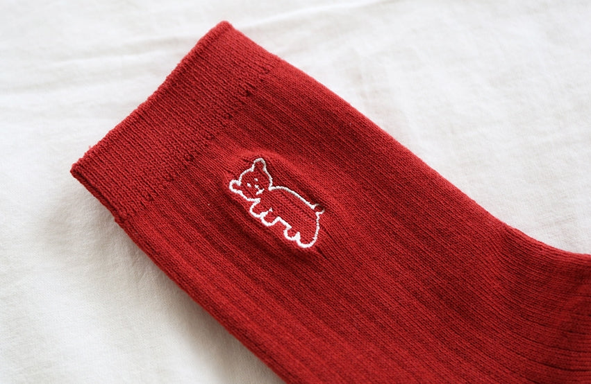 Solid Teddy Bear Accented Ribbed Ankle Socks Cute Cotton Korean Couple