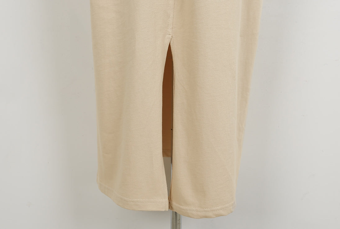 Beige Short Sleeved Long Maxi Dresses Casual Basic Back Slit Cotton