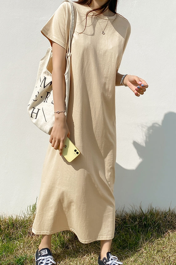 Beige Short Sleeved Long Maxi Dresses Casual Basic Back Slit