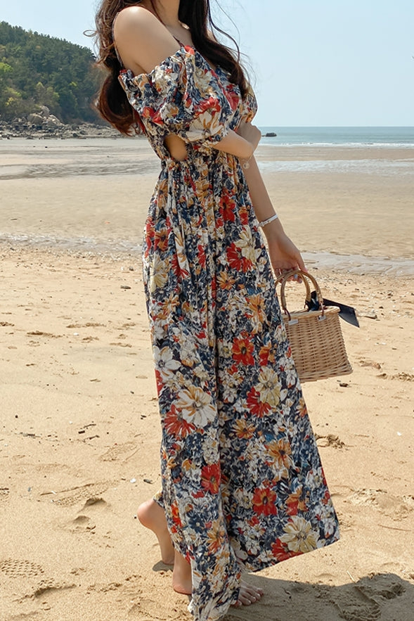 Navy Blue Romantic Floral Fower Maxi Long Dresses Women Vacation Girls