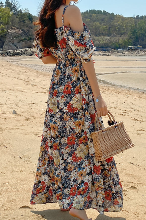 Navy Blue Romantic Floral Fower Maxi Long Dresses Women Vacation Girls