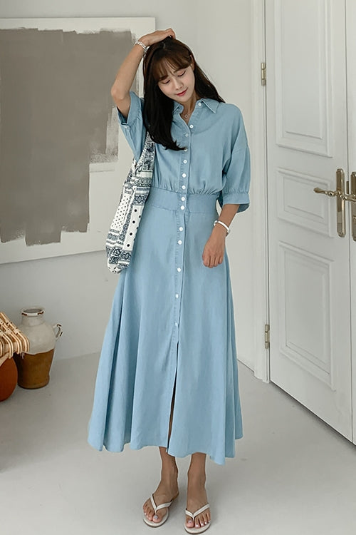 Light Blue Vintage Denim Jean Long Shirt Dresses Womens Waistband
