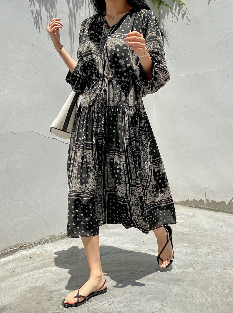 Black Paisley Boho Long Dresses Womens Ethnic Mood Vacation Clothing