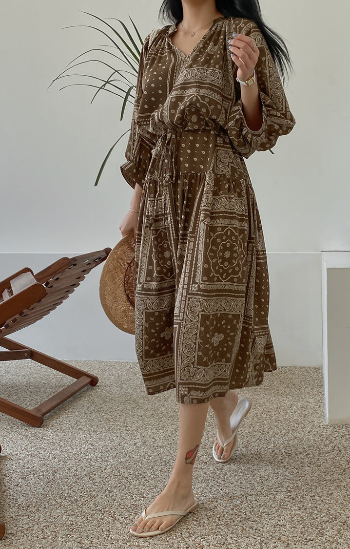 Brown Paisley Boho Long Dresses Womens Ethnic Mood Vacation Clothing
