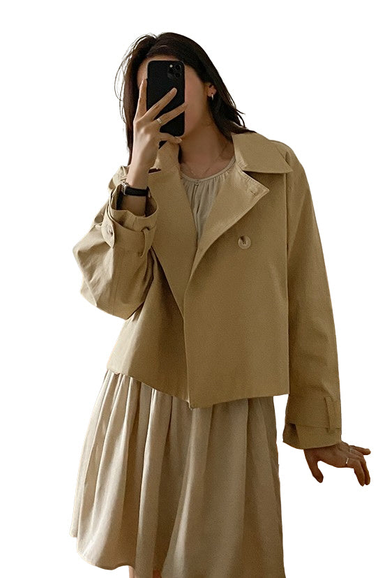 Beige Short Cropped Classic Double Breasted Trench Coats Womens Cotton