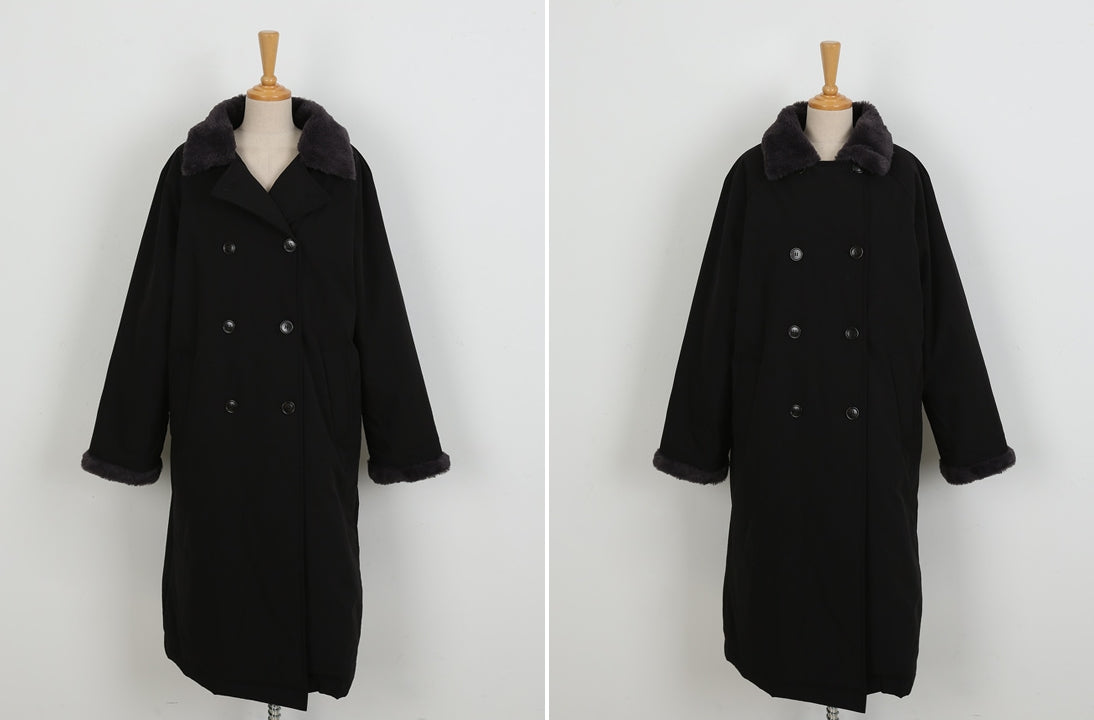 Black Fake fur Puffer Trench Coats Womens Winter Outerwear Waistbelt