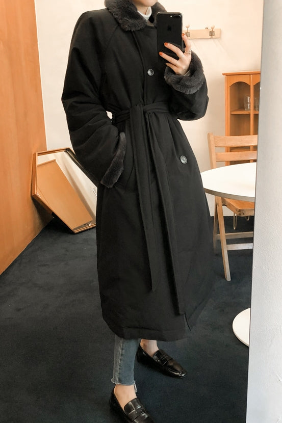 Black Fake fur Puffer Trench Coats Womens Winter Outerwear Waistbelt