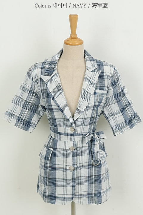 Navy Checkered Plaids Linen Short Sleeved Shirts Jackets Korean Womens