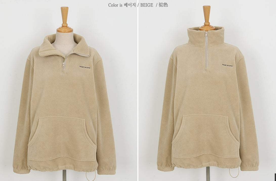 Beige Casual Shearling Fleece Pullover Womens Zipup Mockneck Sweaters