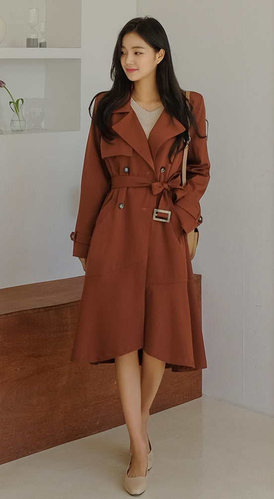 Pink Brown Sheer Flared Classic Double Breasted Trench Coats Belted For Womens Long Outerwear Spring Autumn Korean Drama Fashion