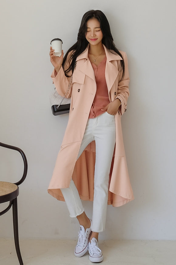 Pink Brown Sheer Flared Classic Double Breasted Trench Coats Belted For Womens Long Outerwear Spring Autumn Korean Drama Fashion