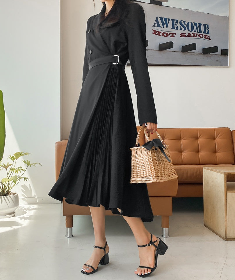Black Side Pleated Trench Wrap Dresses Womens Waiststrap Double Breast
