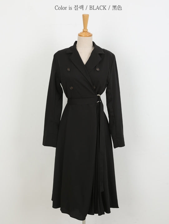 Black Side Pleated Trench Wrap Dresses Womens Waiststrap Double Breast