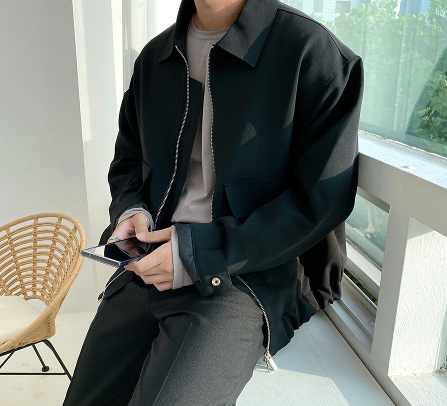 Black Back Waistband Mens Jackets Zipup Outerwear Casual Business Guys