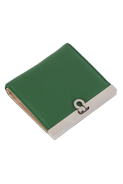 Green saffiano leather bi-fold wallet with studs