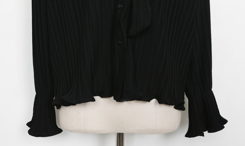 Pleated Front Ribbon Buttoned Blouses
