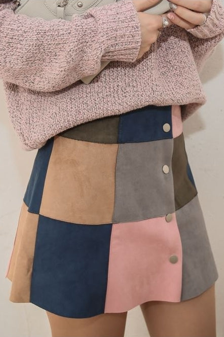 Multi Colored Patchwork Suede Mini Skirts