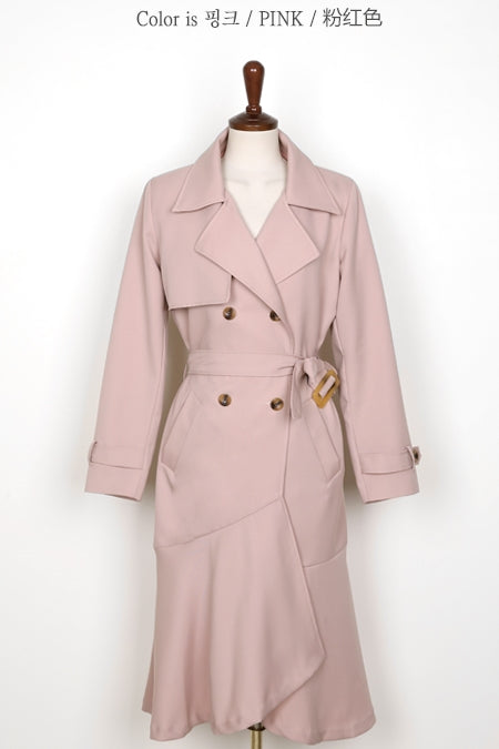 Pink Ruffled Hem Long Trench Coats