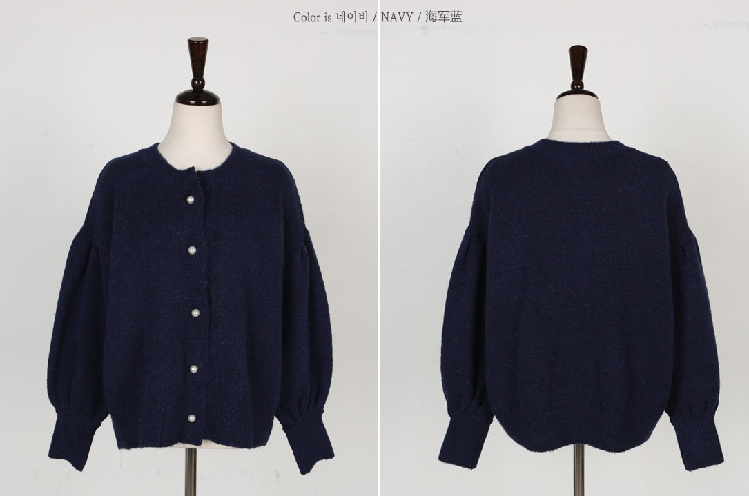 Navy Blue Puff Sleeved Wool Blend Cardigans