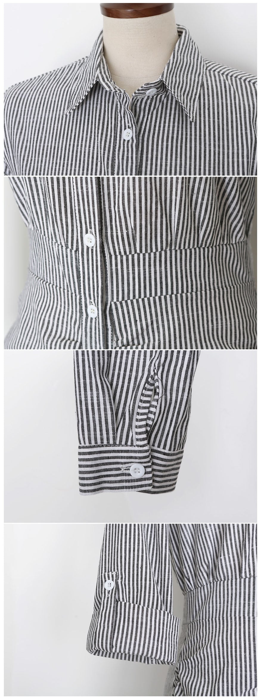 Black Ruched Vertical Striped Shirt Dresses