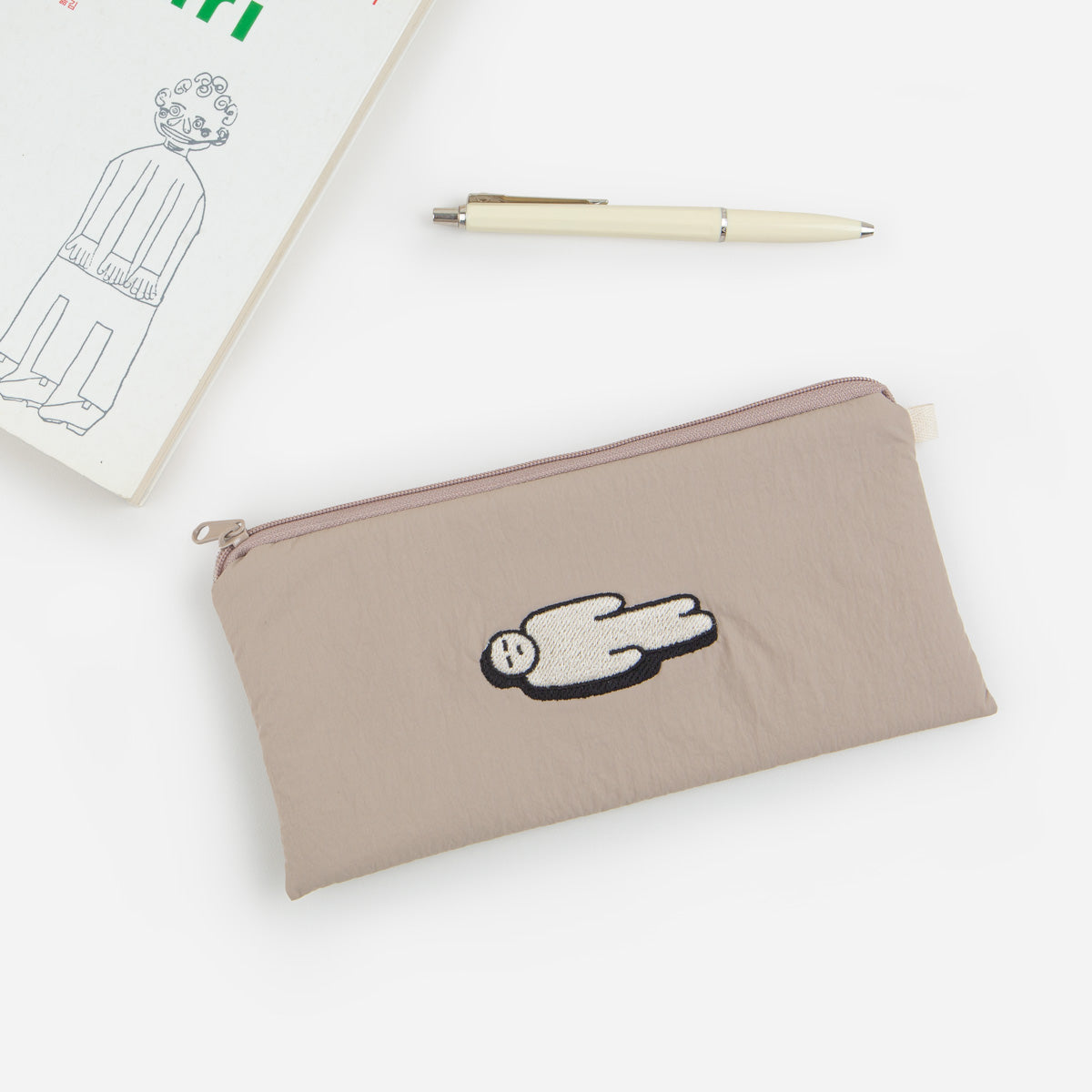 Beige Burnout Character Slim Pencil Cases Embroidery Lightweight Pouch Stationery School Office
