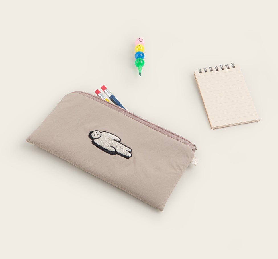 Beige Burnout Character Slim Pencil Cases Embroidery Lightweight Pouch Stationery School Office