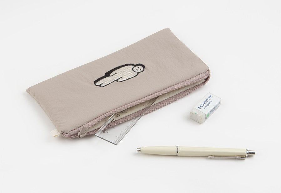 Beige Burnout Character Slim Pencil Cases Embroidery Lightweight