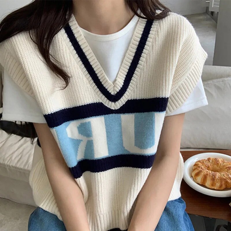 PURE Letter Printed Casual Waistcoat Sweatshirts Vests V-neck Striped Pullover