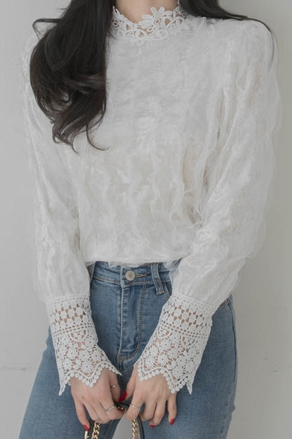 White Lace Velvet Combi Blouses