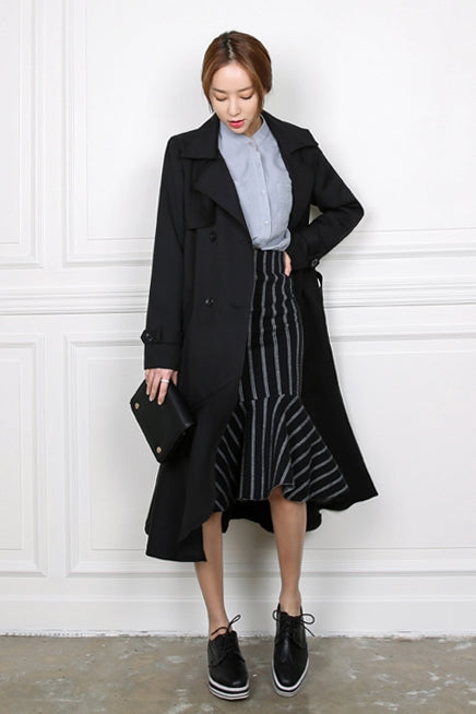 Black Ruffled Hem Long Trench Coats