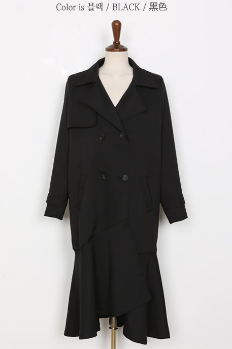 Black Ruffled Hem Long Trench Coats