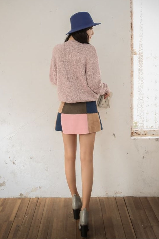 Multi Colored Patchwork Suede Mini Skirts