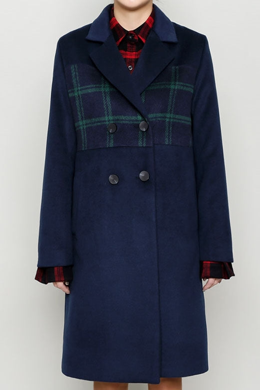 Navy Blue Tartan Plaids Panel Double Breasted Coats